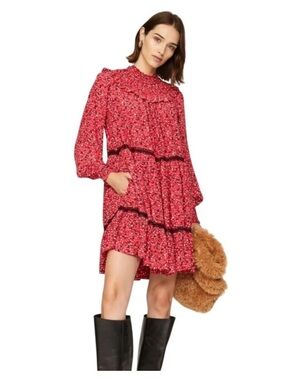 Scotch & Soda Red Floral Crepe Long Sleeve Smocked Cottage Dress Sz Large